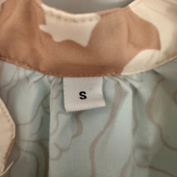 Tiered Knee-length Dress Size S Tan Blue Cream Ruffle Hem - Picture 3 of 5